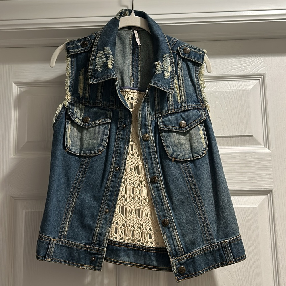 Free People Denim Vest with Crochet Back